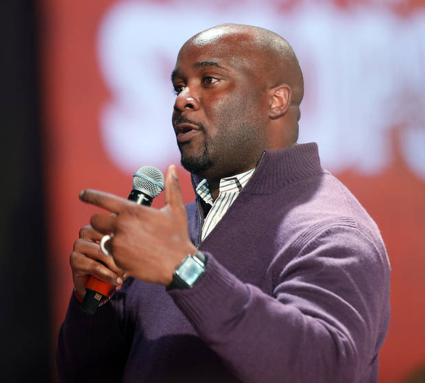 Former OU football player Roy Williams speaks during Salute to Stoops, honoring former OU Sooners head football coach Bob Stoops, at the Bennett Event Center at State Fair Park in Oklahoma City, Friday, April 13, 2018. Photo by Nate Billings, The Oklahoman